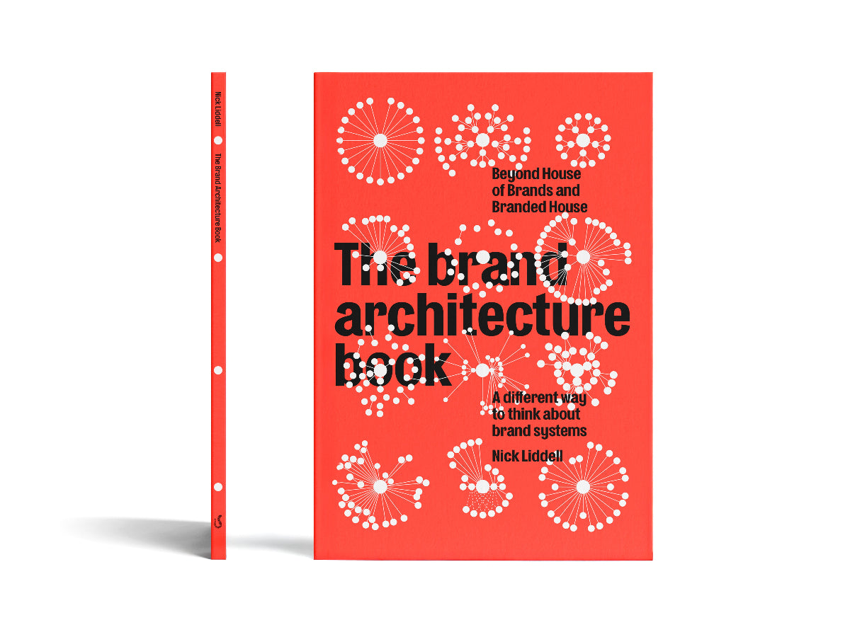 Book titled 'The brand architecture book' with a red cover and white patterns on a white background